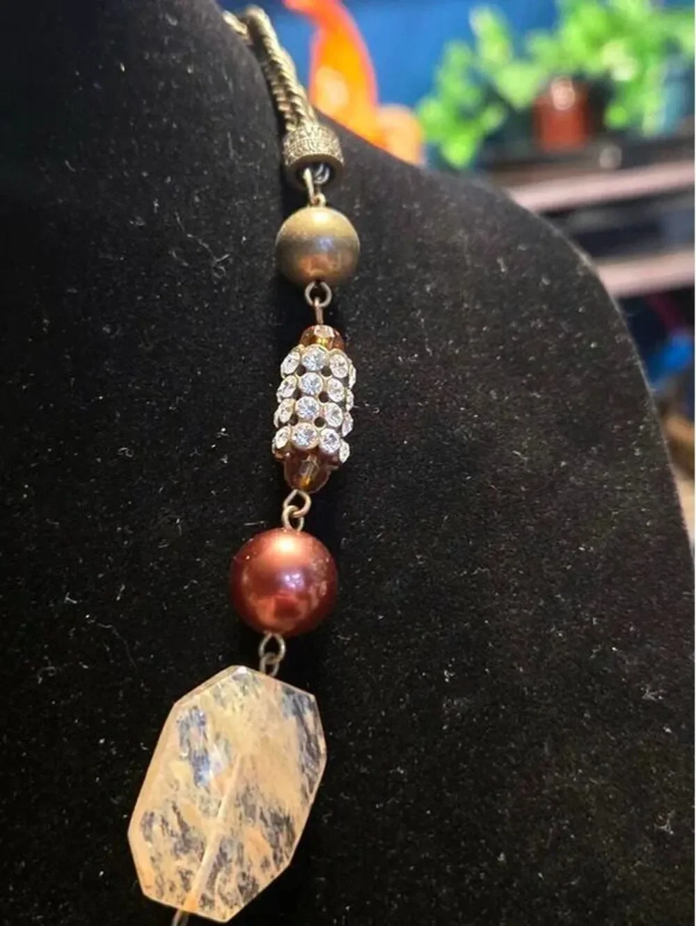 Alfani Statement Necklace Bronze Brown Faceted Stone and Rhinestone Beaded